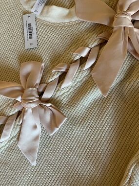 Adore Me Cream Sparkling Waffle Knit Crew Sweater with Blush Ribbon Bows